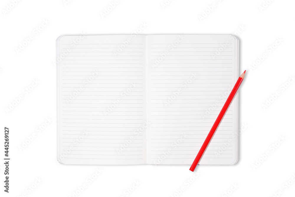 School or office notebook with red pencil isolated on white background. Top view. Mock up School or office notebook with red pencil isolated on white background. Top view. Mock up