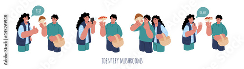 Concept of identify the mushroom.A couple trying to identify mushroom edibility with mobile phone.Vector illustration