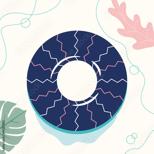 blue vector inflatable circle on background of palm trees and leaves
