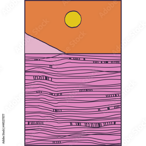 Abstract colorful nature illustration, futuristic landscape of future, aliens planet, pink river and mountain, card, vector