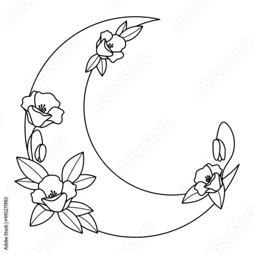 Półksiężyc i kwiaty - dekoracyjna boho ilustracja z miejscem na Twój tekst do wykorzystania jako logo, tatuaż, zaproszenie ślubne, kartka z życzeniami, naklejka.