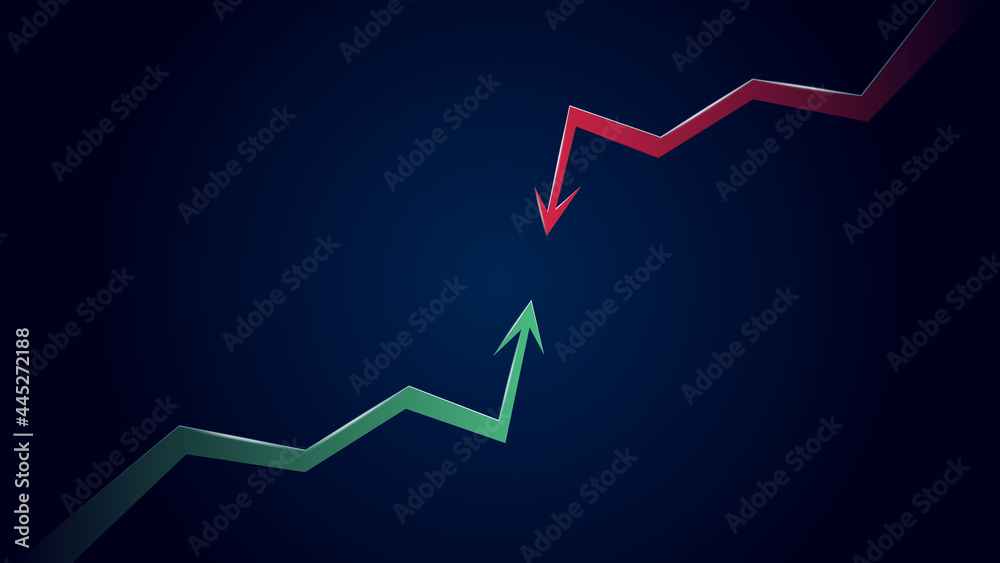 Collision of bullish trend against bearish one with green up arrow and red down arrow on dark blue background. Vector illustration. Collision of bullish trend against bearish one with green up arrow and red down arrow on dark blue background. Vector illustration.