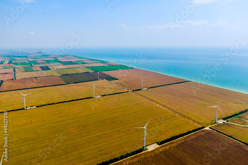 wind farm on the seashore. Aerial view. Drone shooting