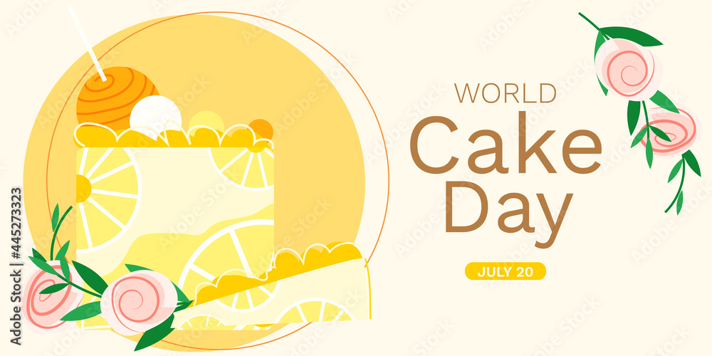International Cake Day. July 20. Yellow cake with lemon, rose, white candy and green leaves. Stock vector illustration. International Cake Day. July 20. Yellow cake with lemon, rose, white candy and green leaves. Stock vector illustration.