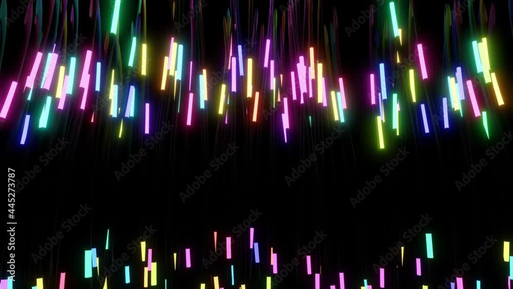 abstract looped 4k dark background with running neon lights on multi colored tubes. Bg for show or events, exhibitions, festivals or concerts, music videos, VJ loop for night clubs.