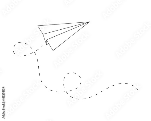 Fold origami paper plane with path loops. Outline symbol of delivery, communication, travel, imagination, creativity, dreaming. Vector illustration in linear style.