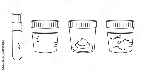 Linear medical tests of blood, urine, stool, sperm. Urinalysis, blood, poo and semen analysis set. Editable stroke. Vector outline illustration.