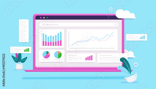 Laptop with data analytics software - Computer screen with graphs and charts on blue background. Internet analysing concept, vector illustration