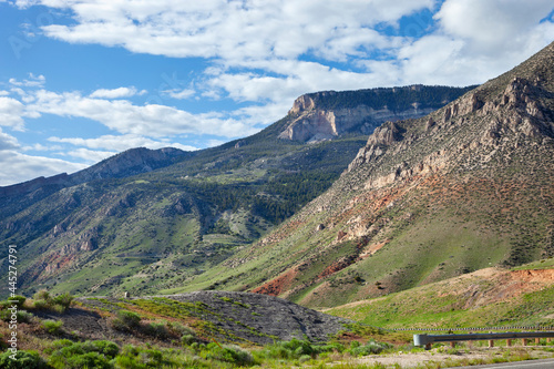 Five Springs Point viewed from Highway Fourteen leaving the Bighorn Mountains in north central Wyoming on a sunny afternoon