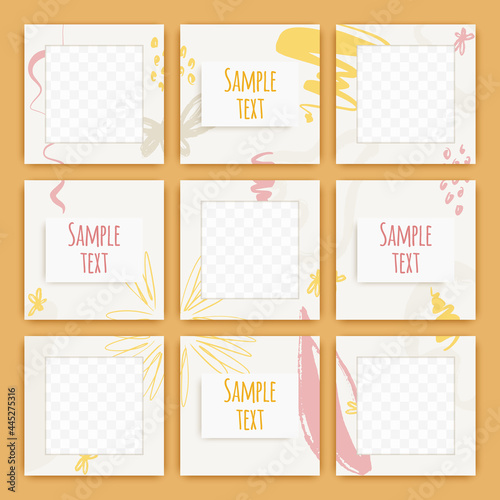 Editable modern social media puzzle frame grid with abstract shapes and line art. Minimalist abstract organic background. Set of square post template for social media.