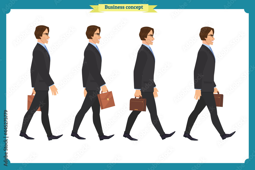 Fototapeta premium Collection set of Walking and running businessman. Walk, run, active. Variety of movements. Flat Character man cartoon style, Side view,Vector design isolated vector. Business people