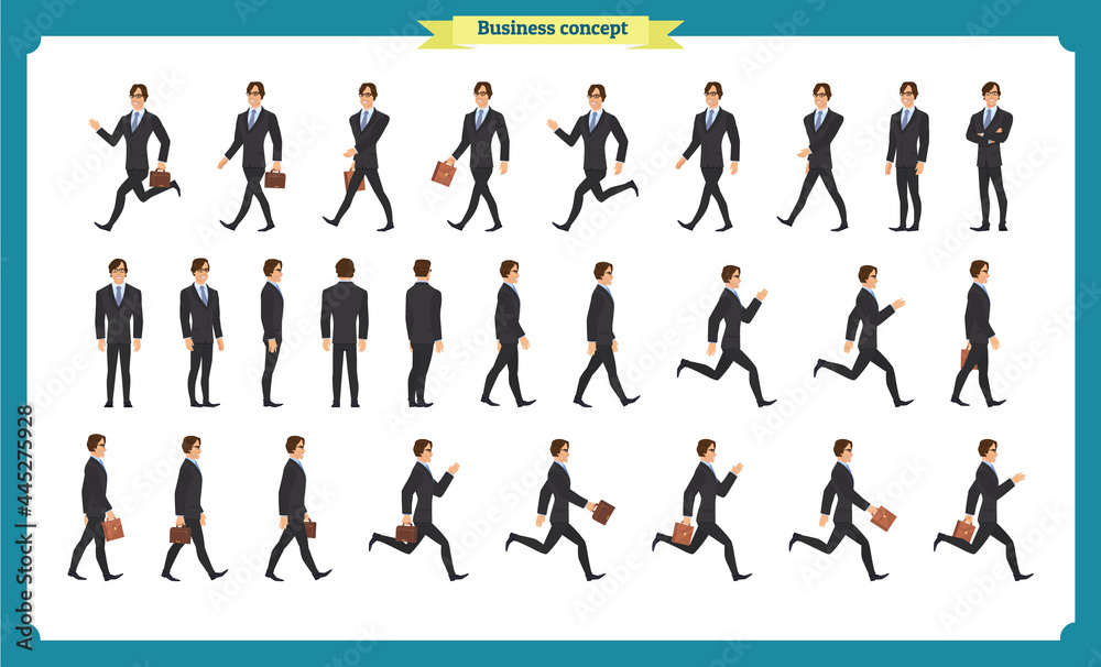 Collection set of Walking and running businessman. Walk, run, active. Variety of movements. Flat Character man cartoon style, Side view, haft front view,Vector design isolated vector. Business people