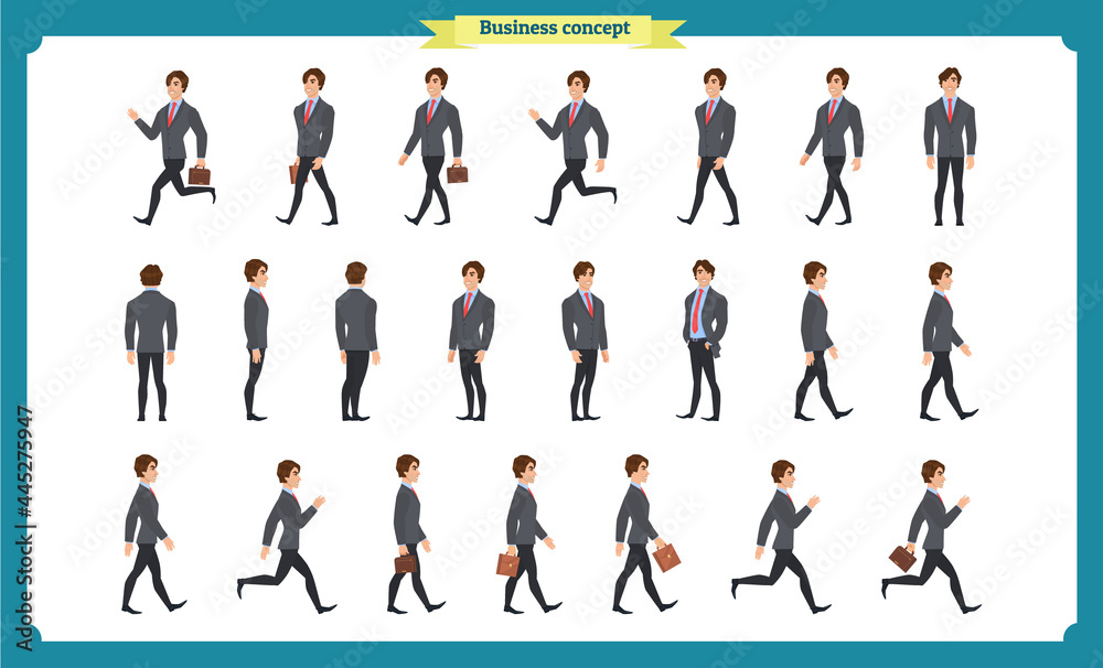Collection set of Walking and running businessman. Walk, run, active. Variety of movements. Flat Character man cartoon style, Side view, haft front view,Vector design isolated vector. Business people