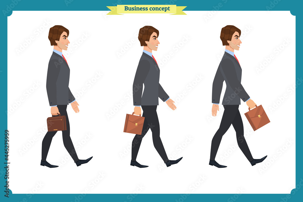 Collection set of Walking and running businessman. Walk, run, active. Variety of movements. Flat Character man cartoon style, Side view,Vector design isolated vector. Business people
