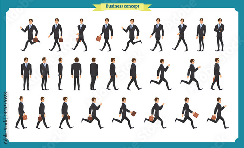Collection set of Walking and running businessman. Walk  run  active. Variety of movements. Flat Character man cartoon style  Side view  haft front view Vector design isolated vector. Business people