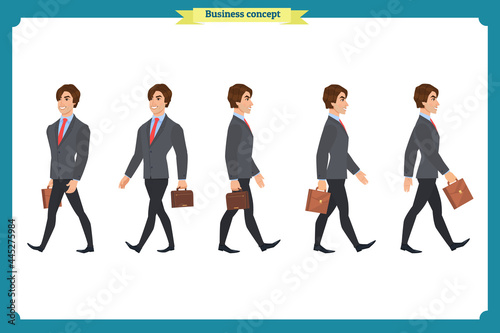 Collection set of Walking and running businessman. Walk, run, active. Variety of movements. Flat Character man cartoon style, Side view,Vector design isolated vector. Business people © Dmytro