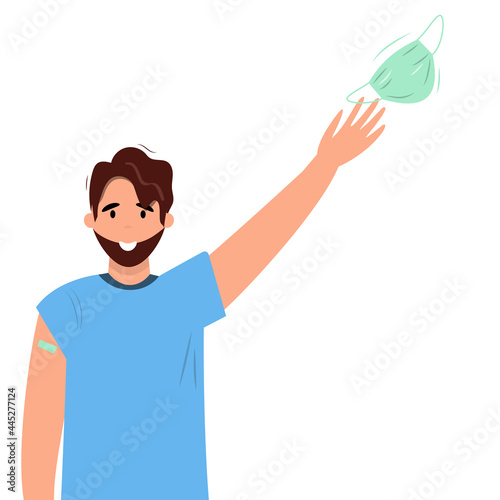 Mask free. Vaccination. Happy man after vaccination against corona virus. Health protection.