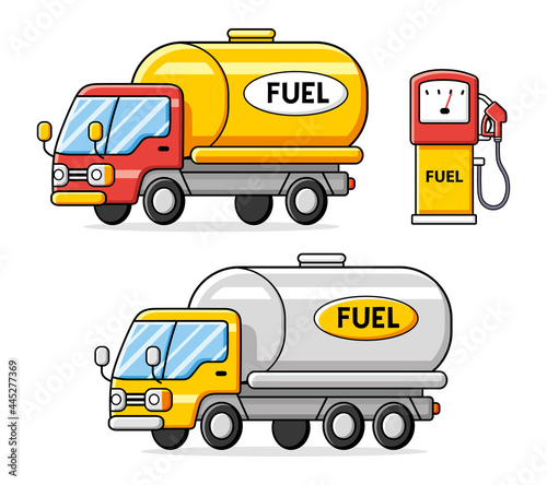 Petrol fuel tank trucks with gas pump isolated, filling station cartoon icons.
