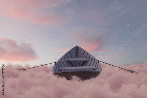 3d rendering of abandoned wooden boat over fluffy pink clouds photo