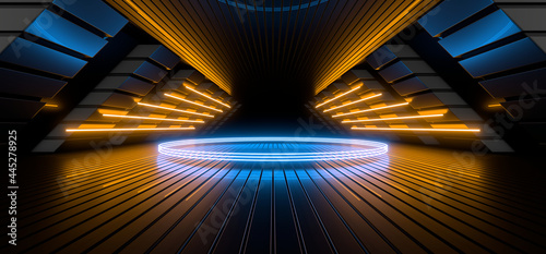 Fototapeta Naklejka Na Ścianę i Meble -  Sci Fy neon lamps in a dark corridor. Reflections on the floor and walls. 3d rendering image.