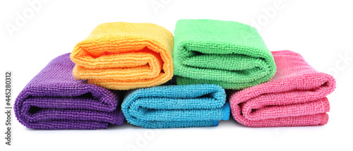 Many colorful microfiber cloths on white background