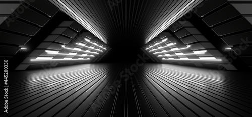 A dark tunnel lit by white neon lights. Reflections on the floor and walls. 3d rendering image.