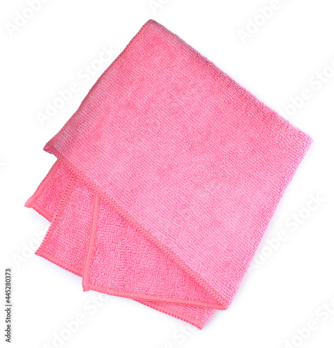 Pink microfiber cloth isolated on white, top view