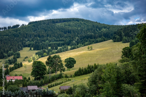 A mountain landscape, Kowadlo peak in Gory Zlote, Klodzka Valley, Poland. Golden cereal fields, green forest, cloudy sky, summer day.  photo