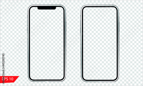 Smartphone with blank screen. Realistick cell phone can be a template for infographics or presentation of interface. Frame less smartphone. Vector Illustration UI-UX design tech