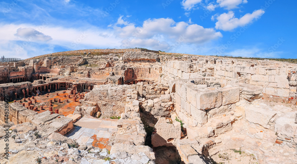 Panoramic view of the ruins of the ancient Greek city Kourion (archaeological site) near Limassol, Cyprus