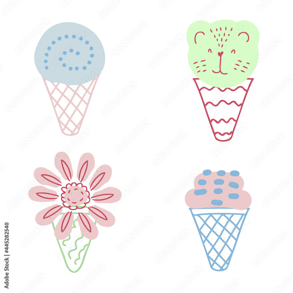 Set of original ice cream tiger and flower. Design for T-shirt, textile and prints. Hand drawn vector illustration for decor and design.
Set of original ice cream tiger and flower. Design for T-shirt, textile and prints. Hand drawn vector illustration for decor and design.