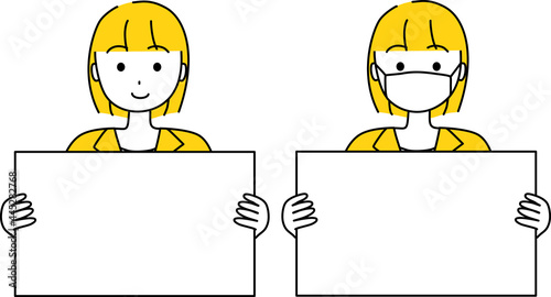 スーツを着た女性がフレームを手に持っている マスク有無セット