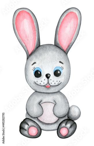 Watercolor illustration of a cute fluffy grey rabbit with pink ears and blue eyes isolated on white background