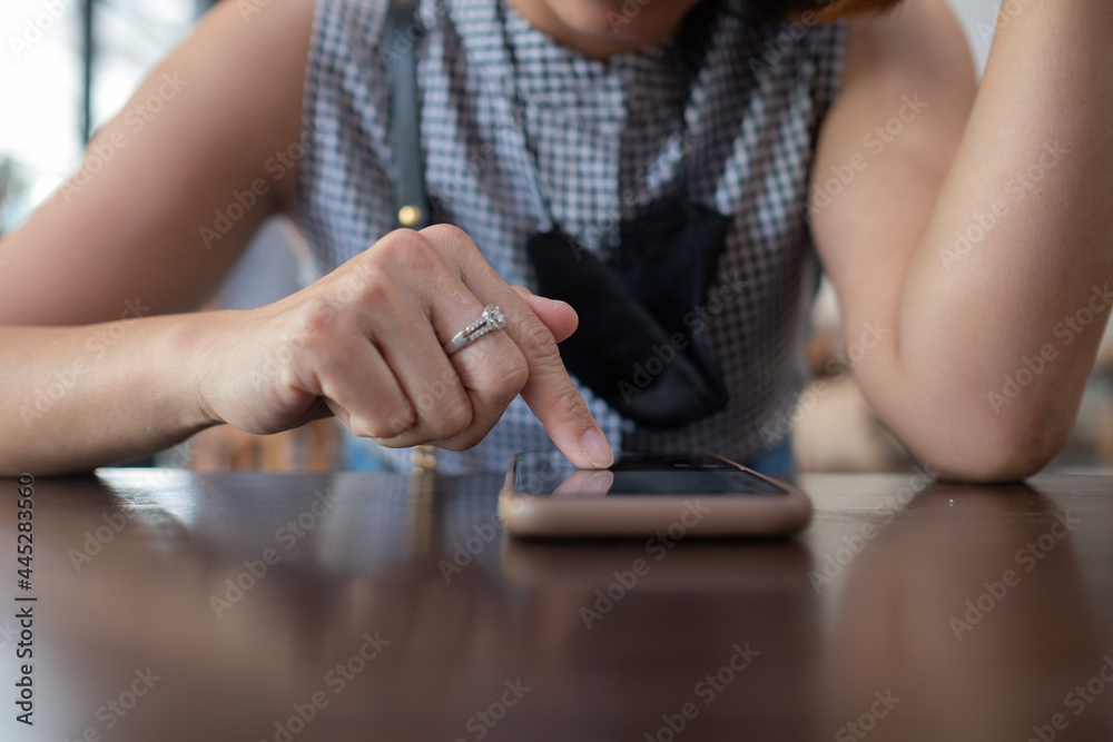 serious girl using smartphone, woman play telephone
