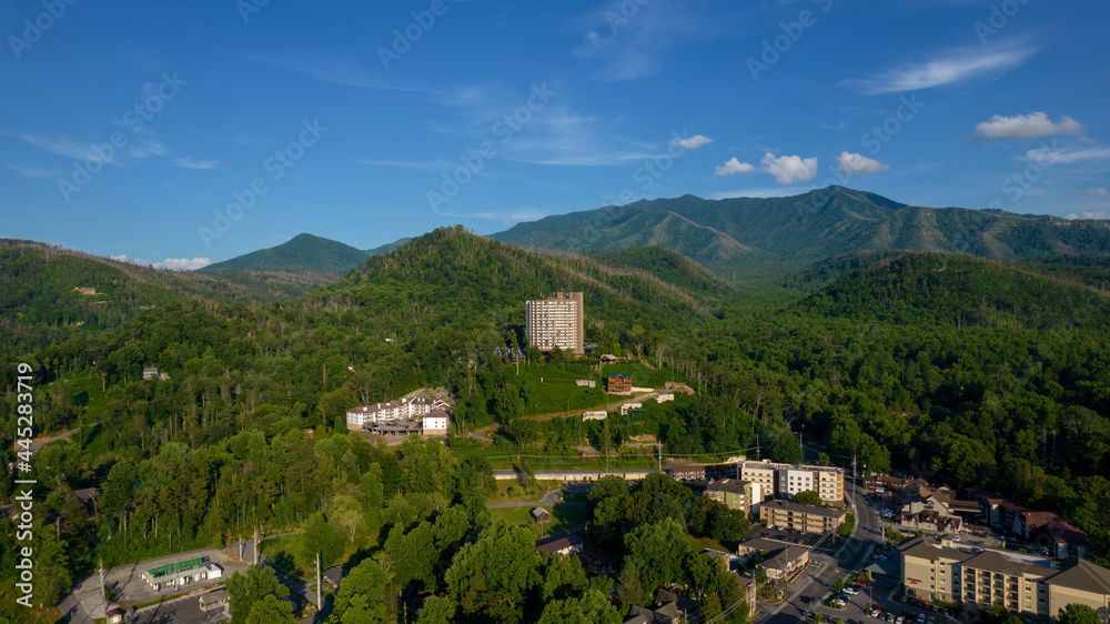 Gatlinburg, TN From Drone Town with Mountains in Background