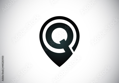 Initial Q monogram letter alphabet with location icon pin sign. Font emblem. Navigation map, GPS, direction, place, compass, contact, search concept. 