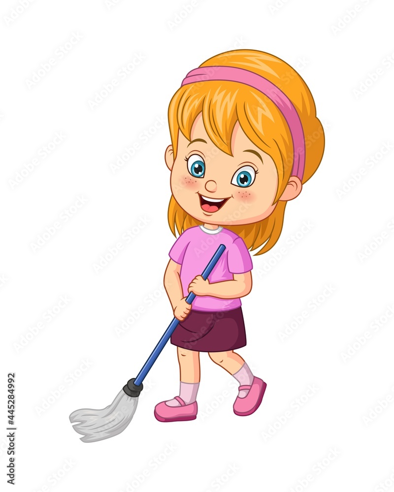 Cartoon little girl mopping the floor Cartoon little girl mopping the floor