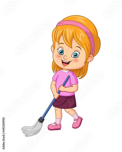 Cartoon little girl mopping the floor