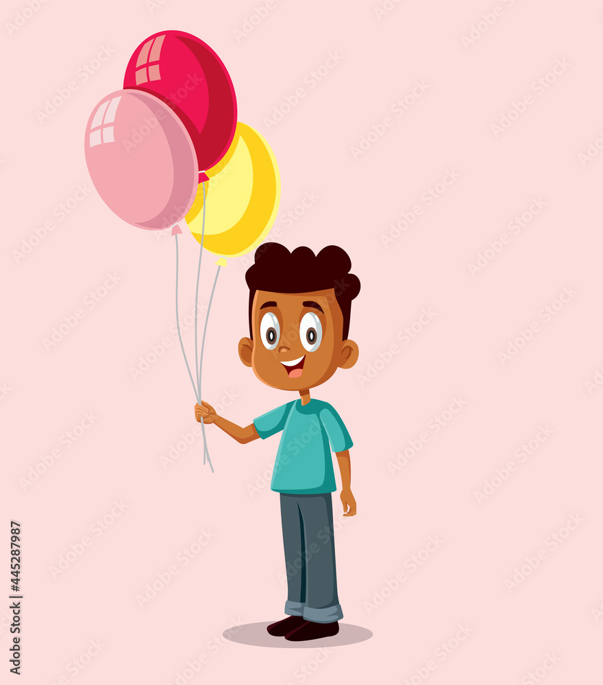 Happy African Boy Holding Balloons Vector Illustration