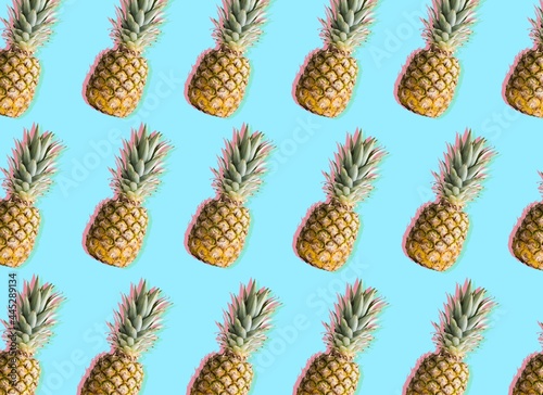 Creative illustration with pineapples with pink and blue shades on a pastel blue background. 3D rendering.