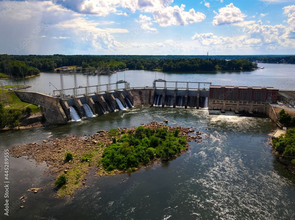 An aerial view of a large dam on the Catawba river in South Carolina ...