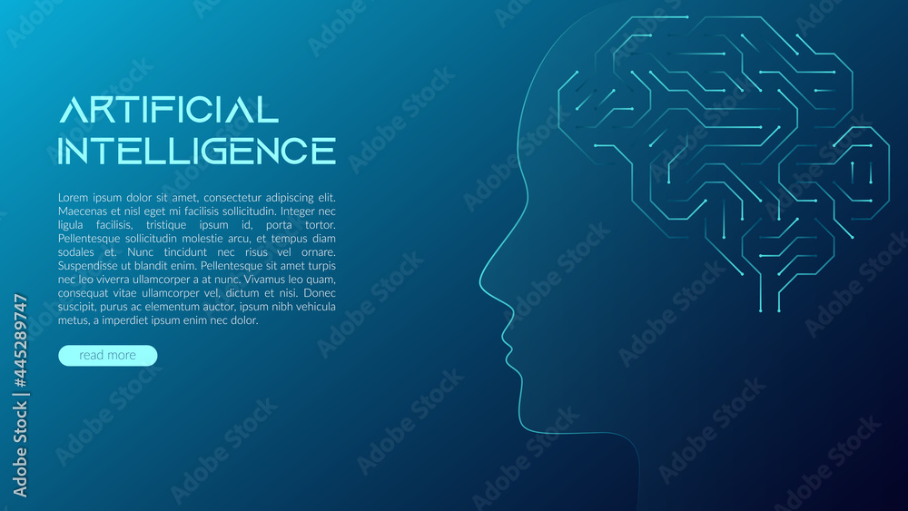 Vector illustration of a brain in the form of a computer microcircuit. Concept, artificial intelligence, high technologies of the future. Design template for web banner and social media. Copy space