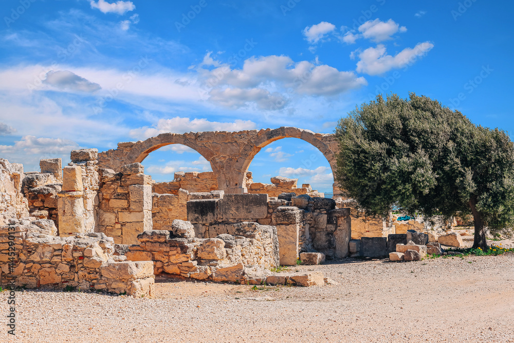View  of the ruins and arches of the ancient Greek city Kourion (archaeological site) near Limassol, Cyprus
