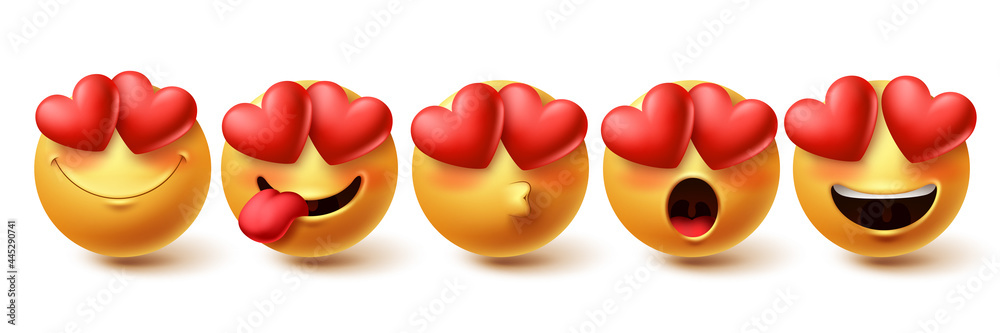 Smiley in love face vector set. Smileys yellow emoji in happy, blushing, kissing and in love facial expressions isolated in white background for design elements. Vector illustration Smiley in love face vector set. Smileys yellow emoji in happy, blushing, kissing and in love facial expressions isolated in white background for design elements. Vector illustration