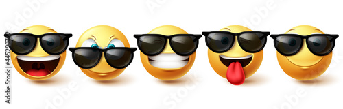 Smiley face vector set. Emoji cool face collection in happy, funny and cute facial expressions isolated in white background for character emoticon design . Vector illustration
