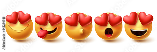 Smiley in love face vector set. Smileys yellow emoji in happy, blushing, kissing and in love facial expressions isolated in white background for design elements. Vector illustration