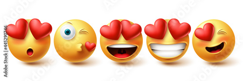 Smiley in love face vector set. Smileys and emoji collection in kissing, in love and happy facial expressions isolated in white background for emoticon design elements. Vector illustration
