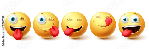 Smileys naughty icon vector set. Smiley face and emoji with happy, licking and hungry facial expressions isolated in white background. Vector illustration