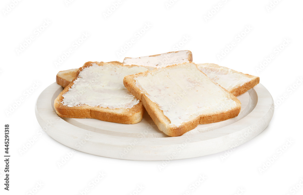 Delicious toasts with butter on white background