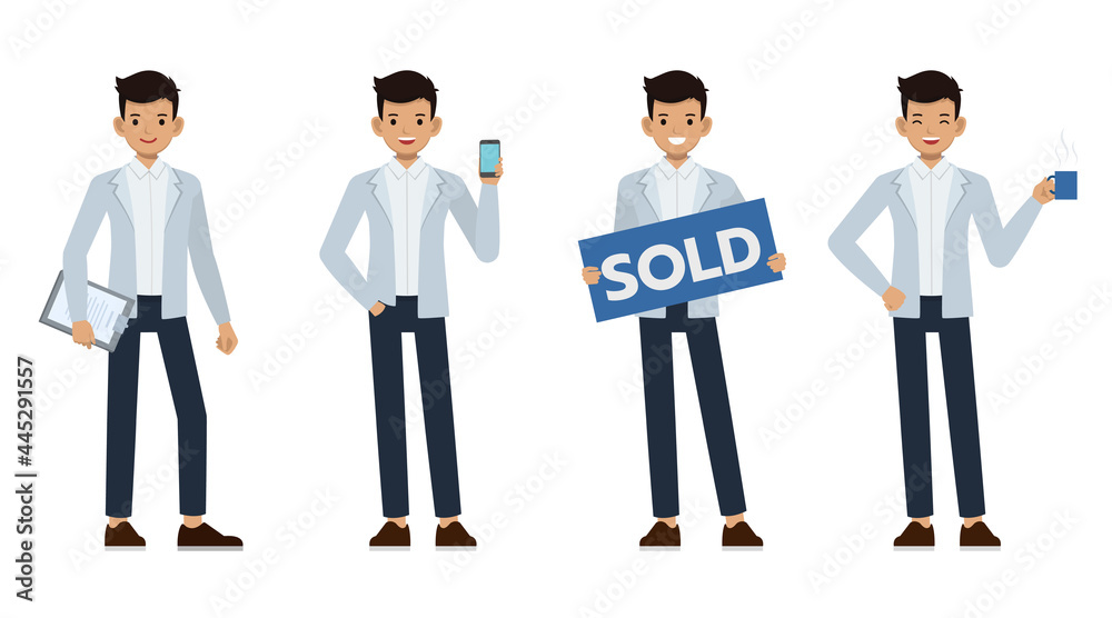Asian businessman wear blue suit character vector design. Presentation in various action.